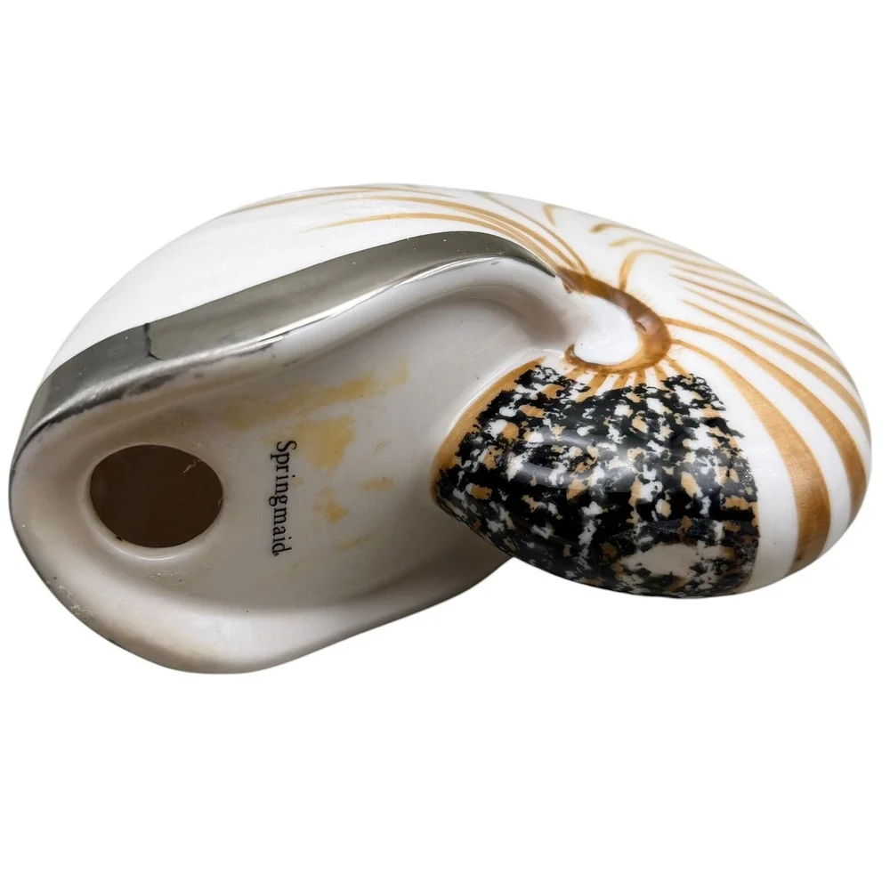 Springmaid Ceramic Nautilus Shell Vase Multi Opening Coastal Decor White Brown